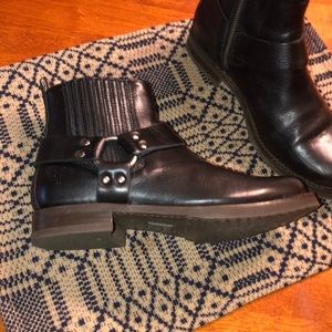 Frye Black Leather Harness Ankle Boots